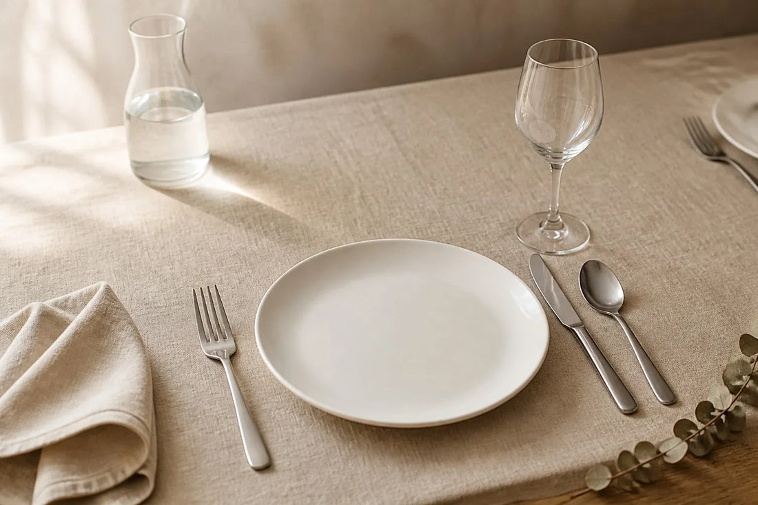 A single place setting laid with stainless steel flatware on a linen tablecloth
